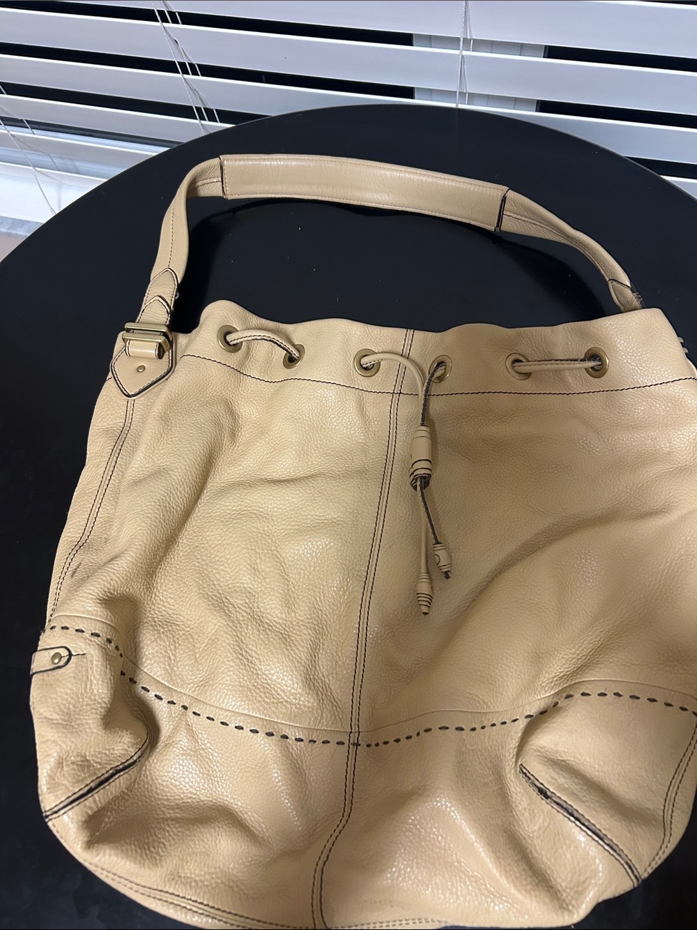 Cole Haan Beige Drawstring Leather Hobo Bag